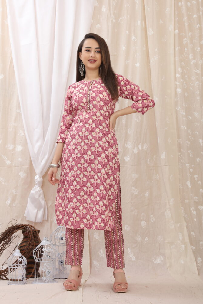 Pink Women Cotton Fabric Straight Kurti With Pant