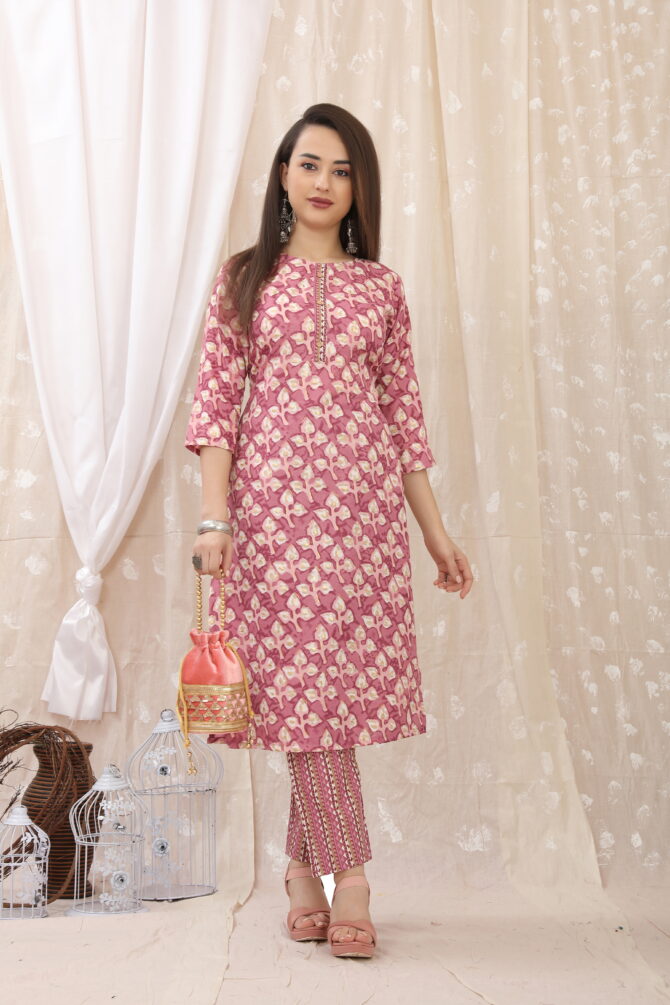 Pink Women Cotton Fabric Straight Kurti With Pant