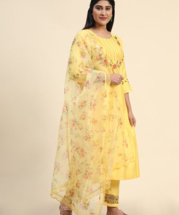 Yellow Hand Embroidered Suit Set with Floral Organza Dupatta