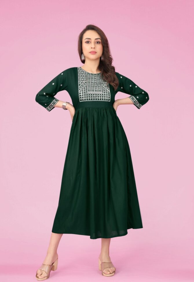 Rayon Embroidered Round Kurti in Grey by Premroop