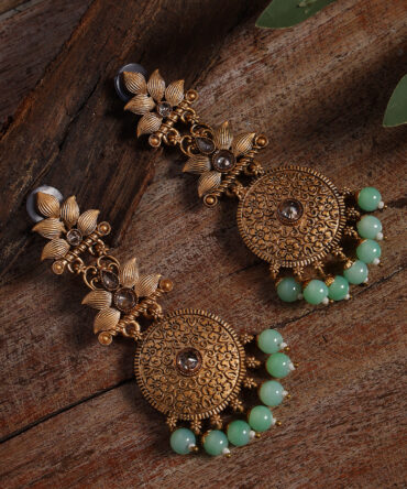 Antique Gold-Plated Textured Handcrafted Floral Pattern Classic Drop Earrings