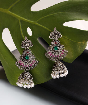 Pink Oxidized Silver-Plated Dome Shaped Jhumkas