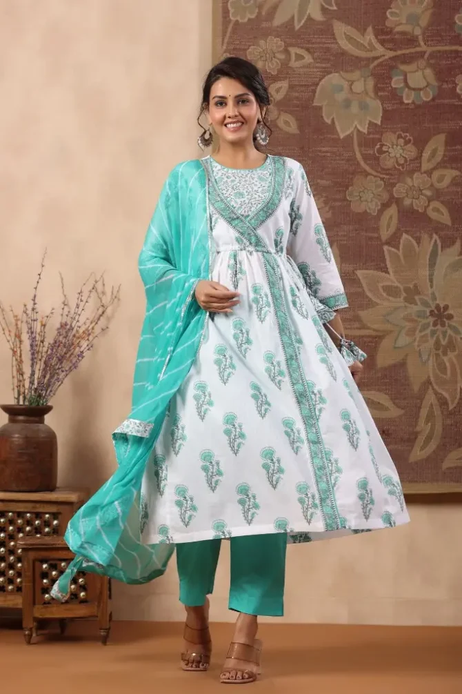 Teal Floral Anarkali Pure Cotton Kurta With Trousers & With Dupatta (Set of 3)