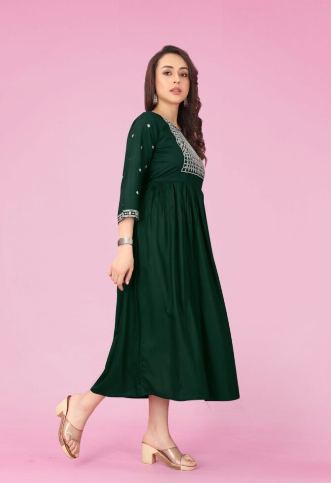 Rayon Embroidered Round Kurti in Grey by Premroop