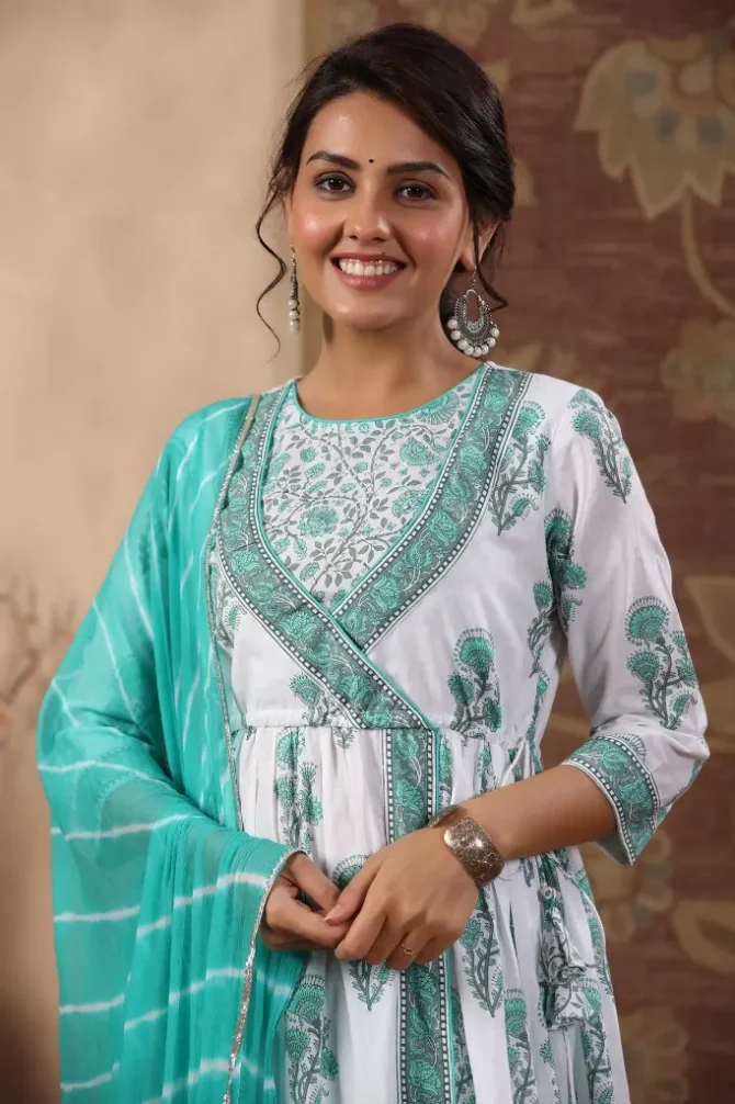 Teal Floral Anarkali Pure Cotton Kurta With Trousers & With Dupatta (Set of 3)