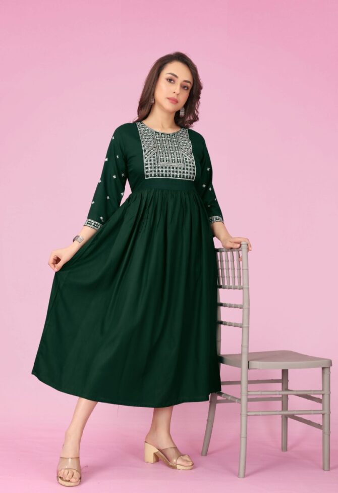 Rayon Embroidered Round Kurti in Grey by Premroop