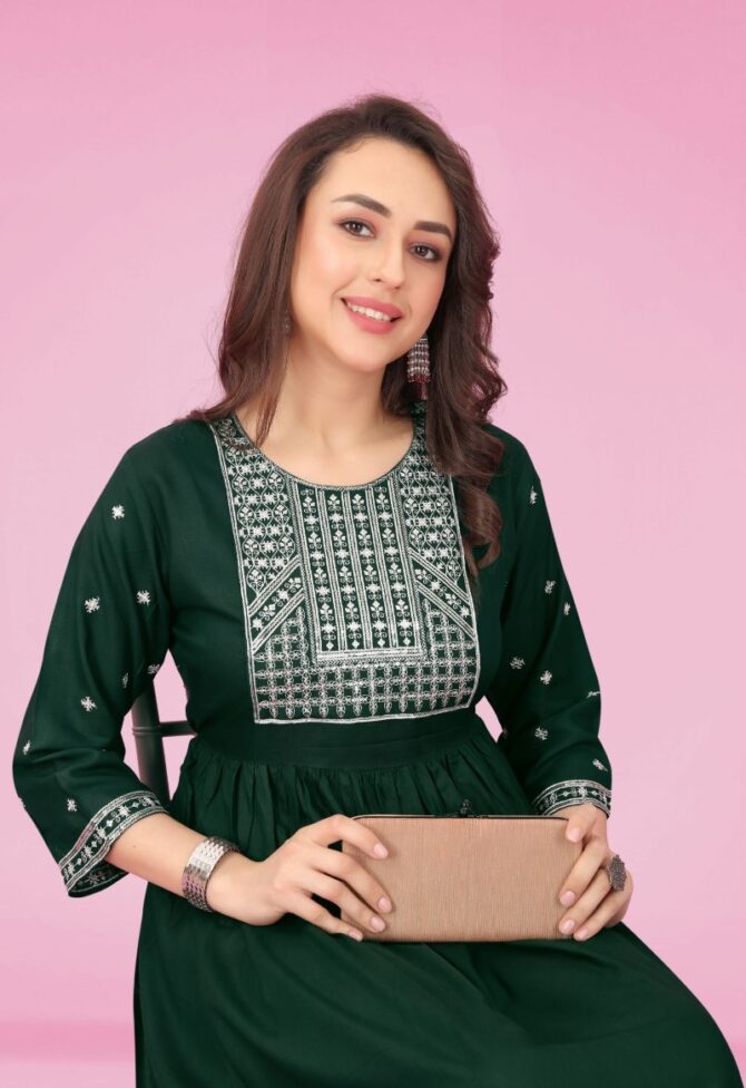 Rayon Embroidered Round Kurti in Grey by Premroop
