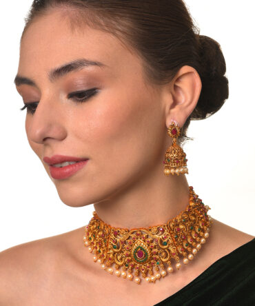 Gold-Toned Pink & Green Stone-Studded, Beaded Handcrafted Jewellery Set