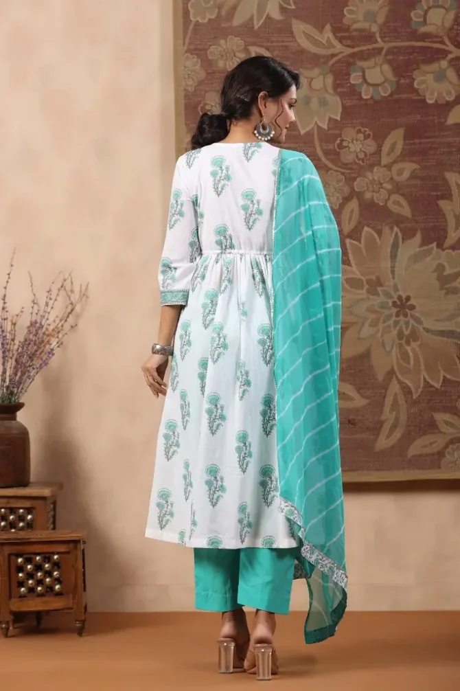 Teal Floral Anarkali Pure Cotton Kurta With Trousers & With Dupatta (Set of 3)