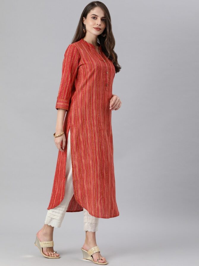 Coral And Multi Color Stripe Straight Kurta With Curved Hemline And Roll Up Sleeves