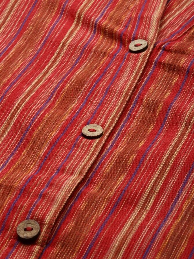Coral And Multi Color Stripe Straight Kurta With Curved Hemline And Roll Up Sleeves