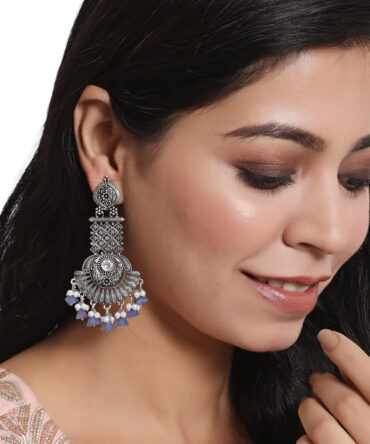 Silver-Toned & Blue Oxidized Classic Drop Earrings