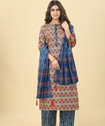 Blue & Peach Yellow Cotton Printed Kurta Set by Premroop
