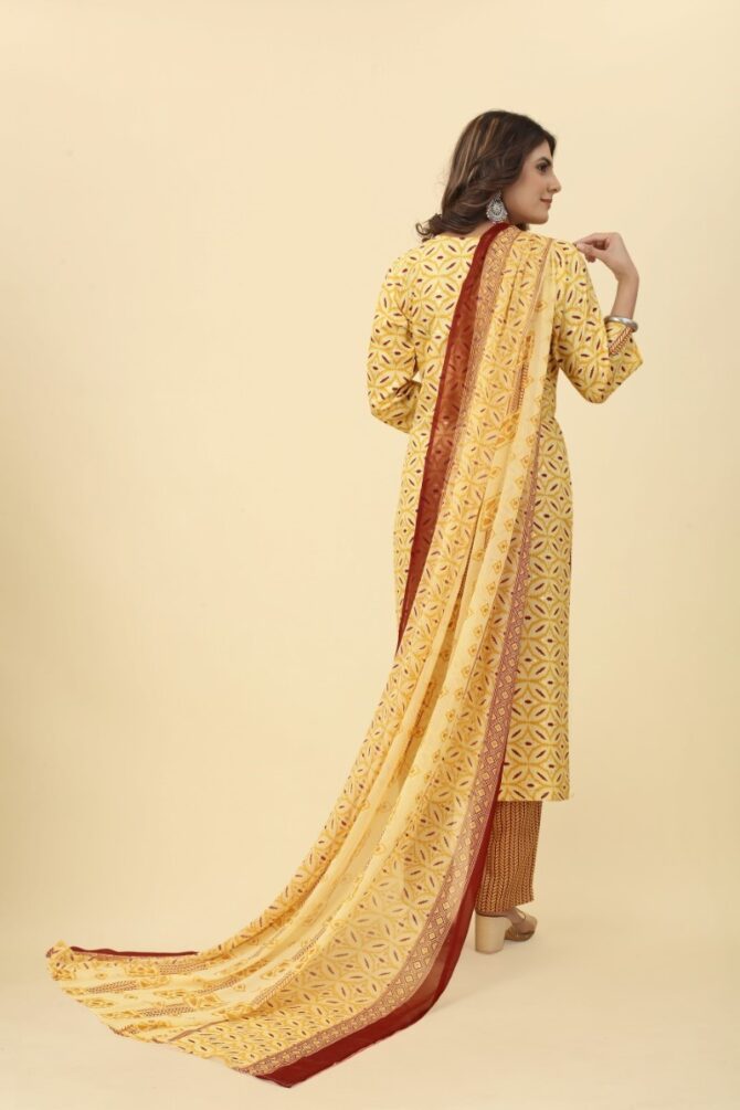 Yellow Shine Printed Cotton Kurta with Pants & Dupatta