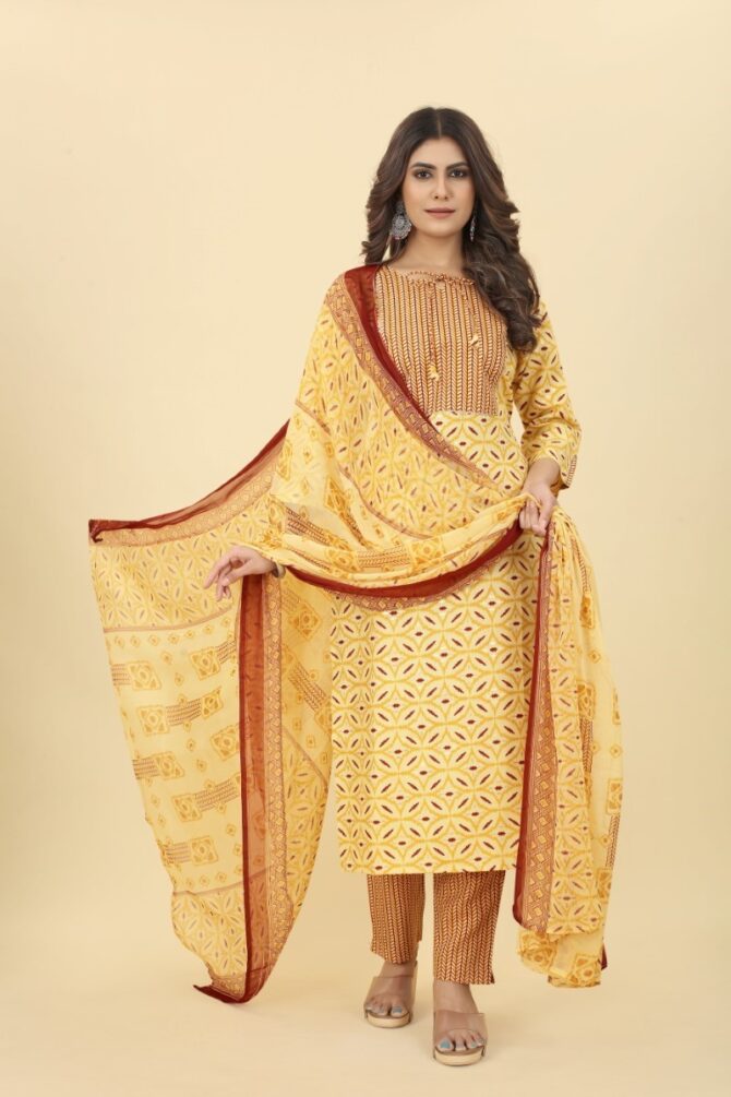 Yellow Shine Printed Cotton Kurta with Pants & Dupatta