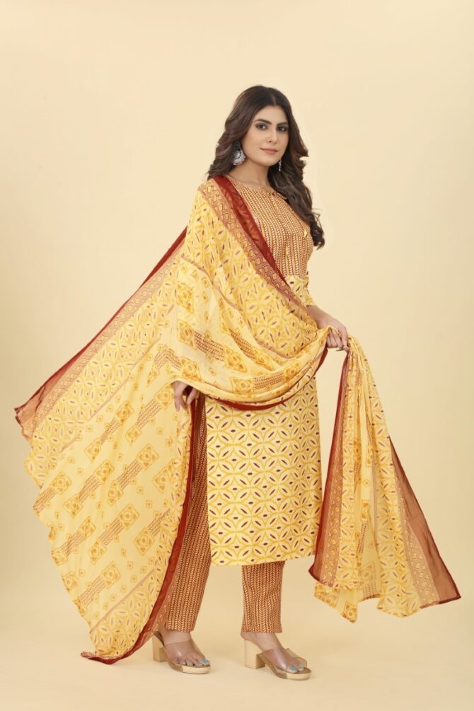 Yellow Shine Printed Cotton Kurta with Pants & Dupatta