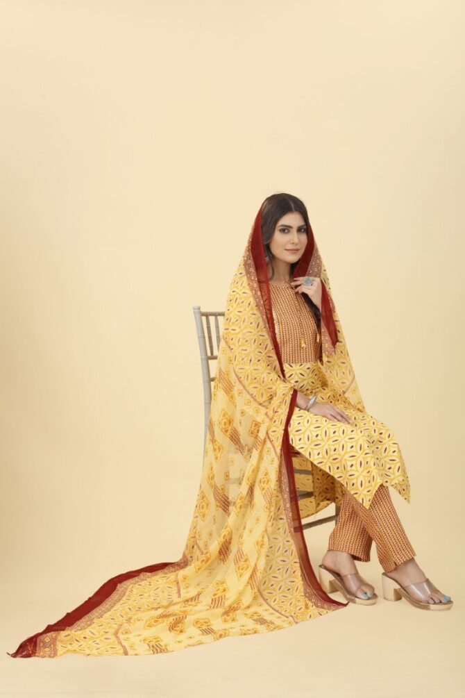 Yellow Shine Printed Cotton Kurta with Pants & Dupatta