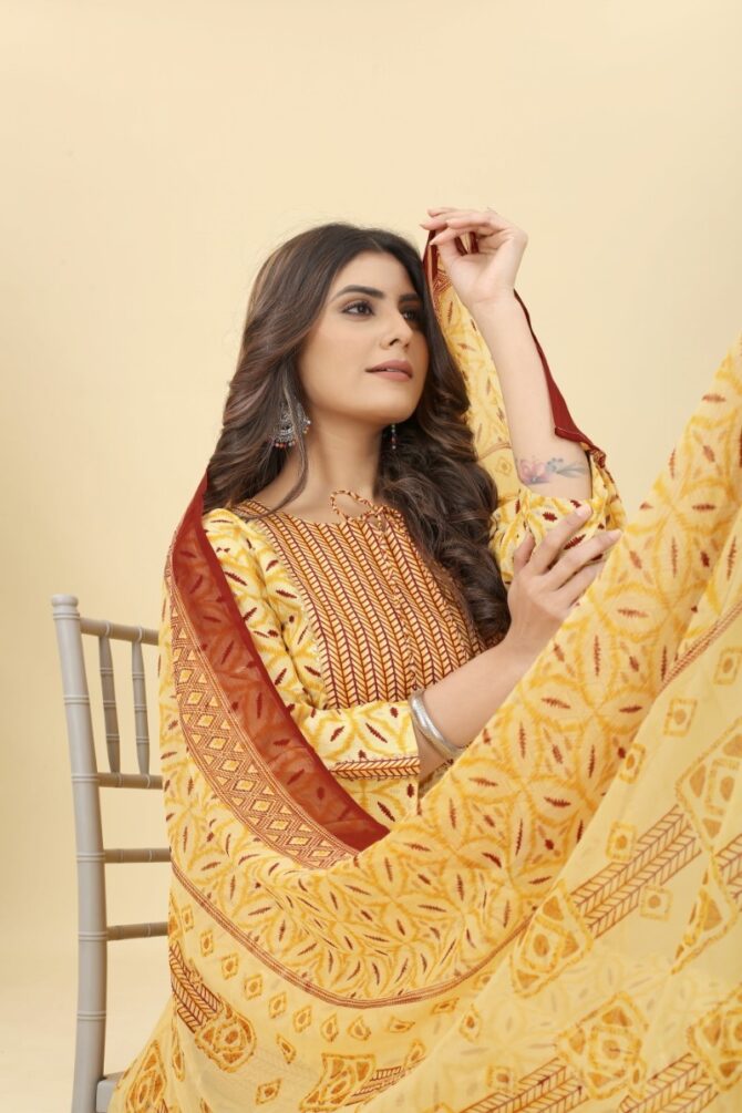 Yellow Shine Printed Cotton Kurta with Pants & Dupatta