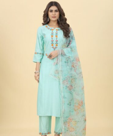 Mint Green Hand Embroidered Suit Set with Floral Organza Dupatta