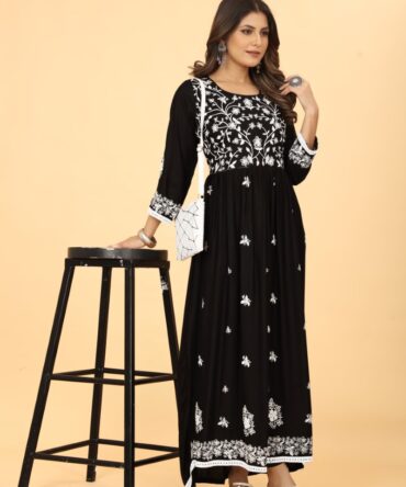 Premroop Black Rayon Gown with White Embroidery