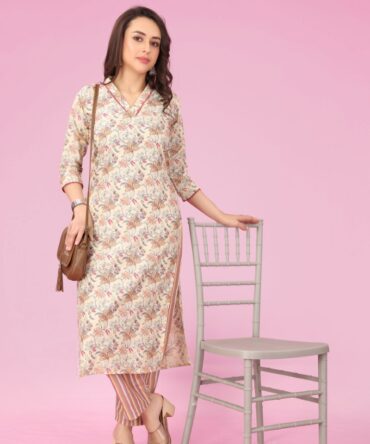 V Neck Beige Rayon Floral Print Kurta Pant Pair