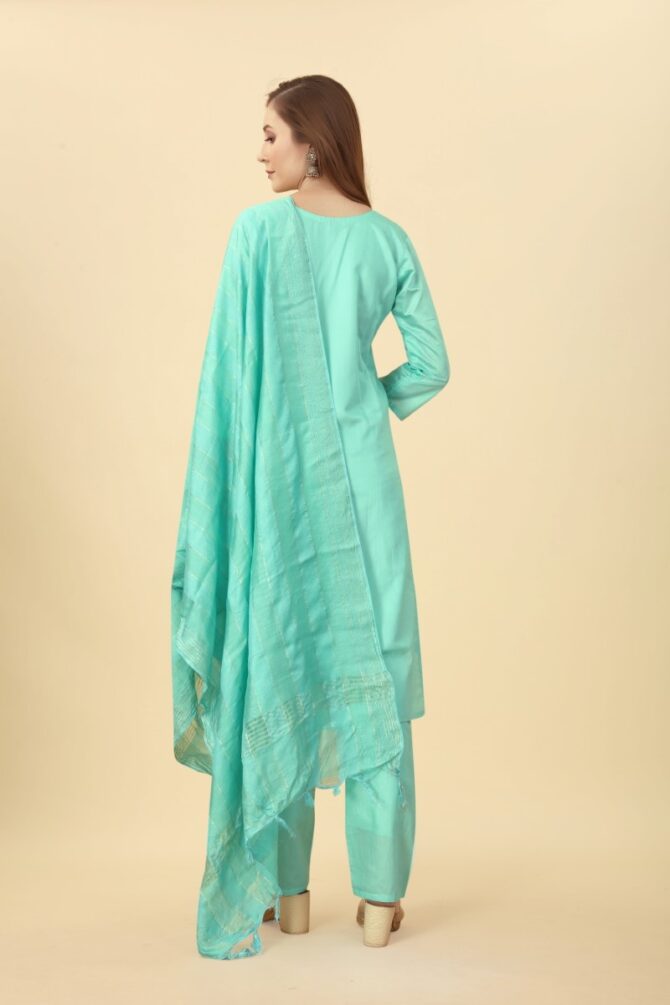 Pista Green Chanderi Colourful Embroidered Kurta Pant Set with Dupatta by Premroop
