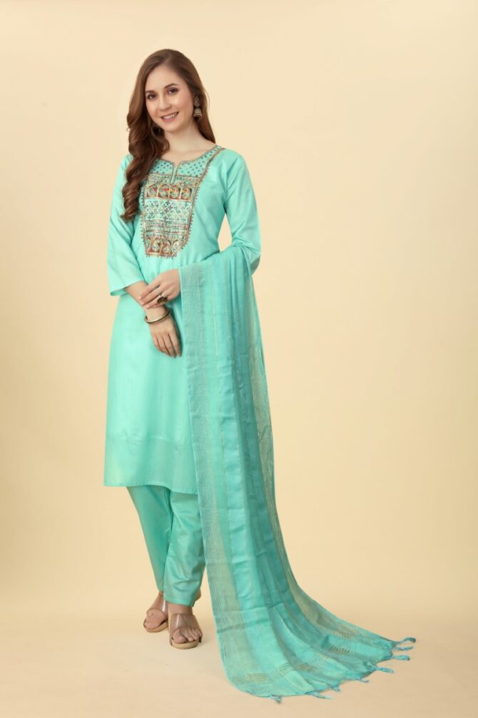 Pista Green Chanderi Colourful Embroidered Kurta Pant Set with Dupatta by Premroop