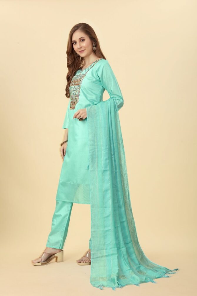 Pista Green Chanderi Colourful Embroidered Kurta Pant Set with Dupatta by Premroop