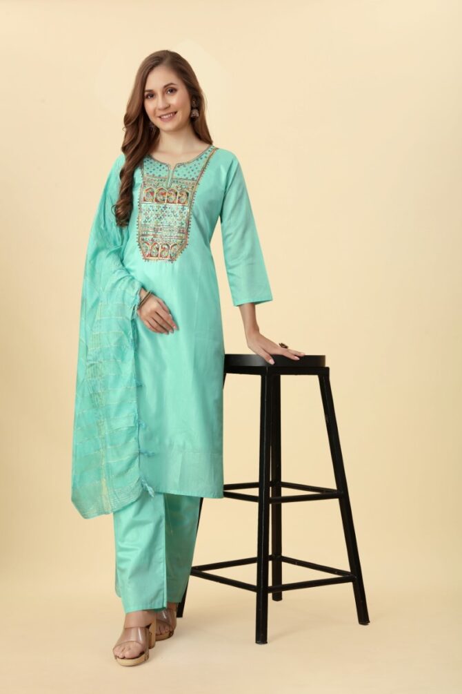 Pista Green Chanderi Colourful Embroidered Kurta Pant Set with Dupatta by Premroop