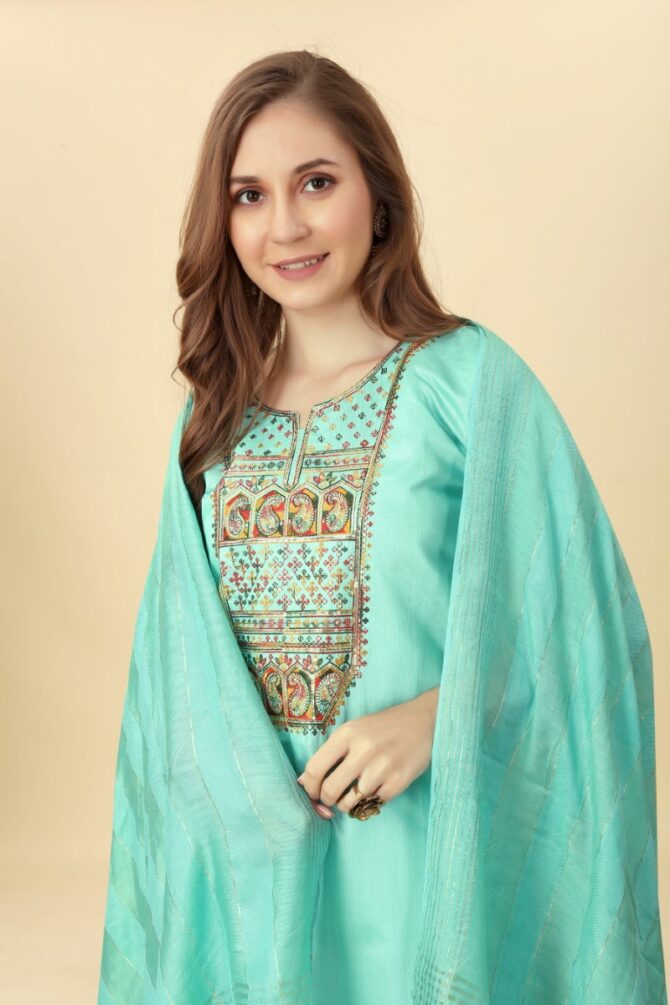 Pista Green Chanderi Colourful Embroidered Kurta Pant Set with Dupatta by Premroop