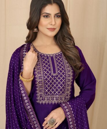 Purple Rayon Foil Print Kurta Pant Set with Embroidery and Dupatta