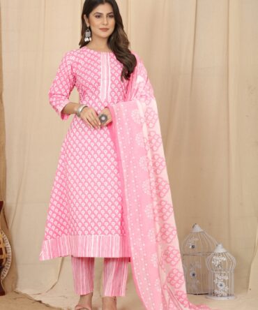 Pink Cotton Round Kurta Suit Set