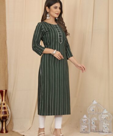 Green Cotton Weaving Straight Kurti Collection by Premroop