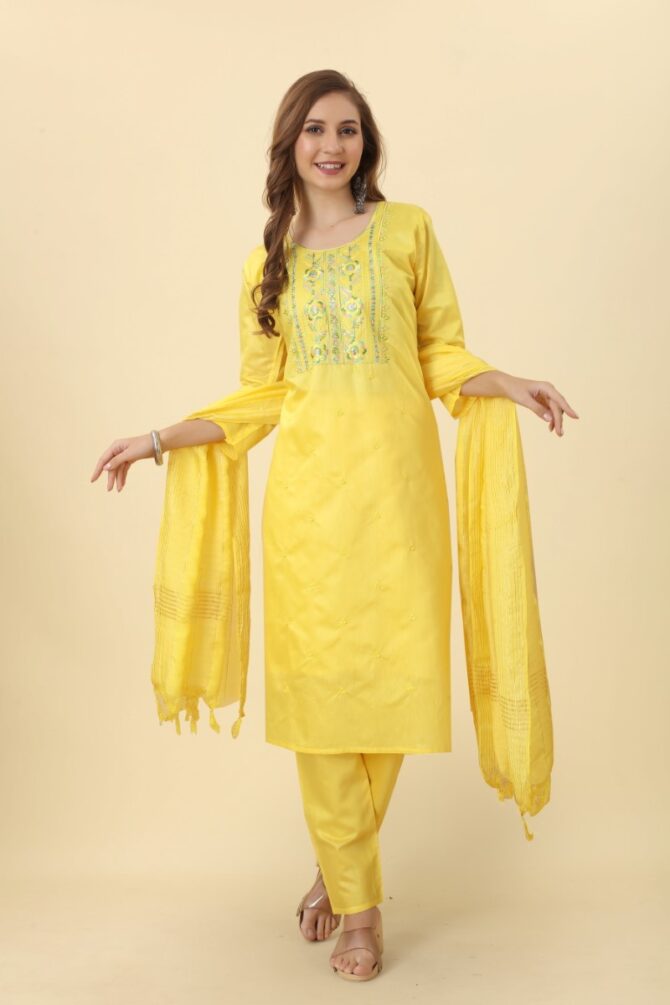 Yellow Chanderi Kurta Set with Dupatta for Festive Occasion