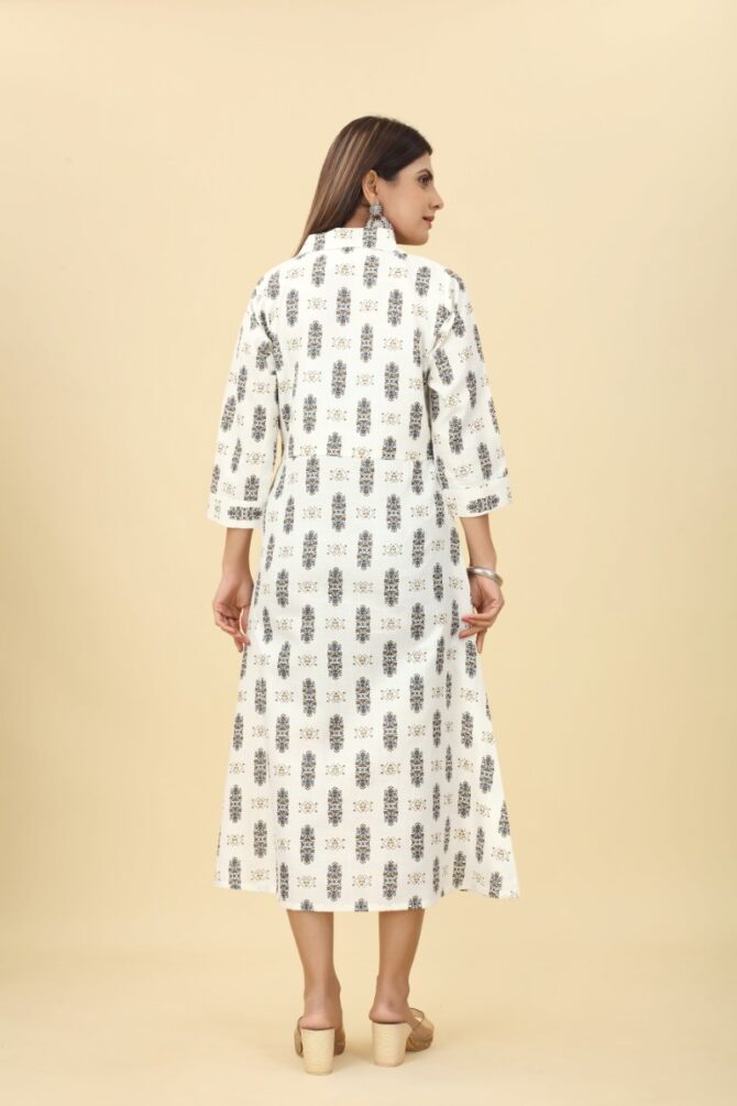 White and Black Printed Collar Kurta