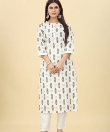 White with Black Printed Casual Straight Kurta