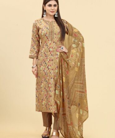 Cotton Printed Peach Women Solid Straight Kurta With Trouser & Dupatta
