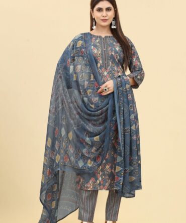 Cotton Printed Blue Women Solid Straight Kurta With Trouser & Dupatta