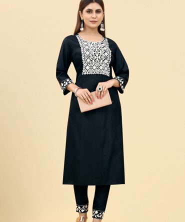 Blue Embroidered Rayon Kurta with Pants