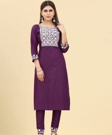Wine Embroidered Rayon Kurta with Pants