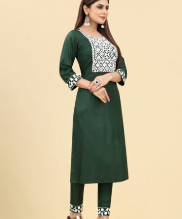 Green Embroidered Rayon Kurta with Pants