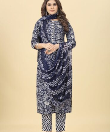 Blue Summer Printed Cotton Kurta with Pants & Dupatta