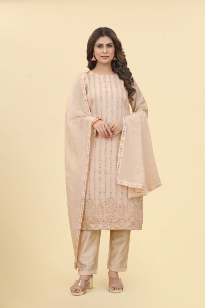 Sorrel brown Jacquard Kurta with Pant  & Chinon Dupatta Set