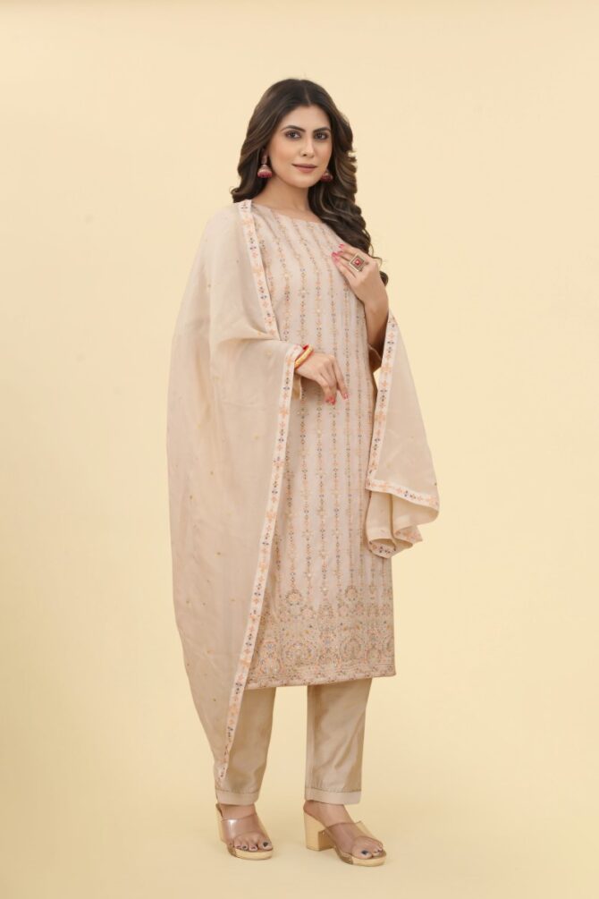 Sorrel brown Jacquard Kurta with Pant  & Chinon Dupatta Set