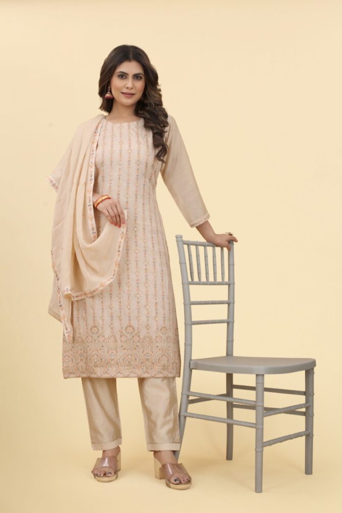 Sorrel brown Jacquard Kurta with Pant  & Chinon Dupatta Set