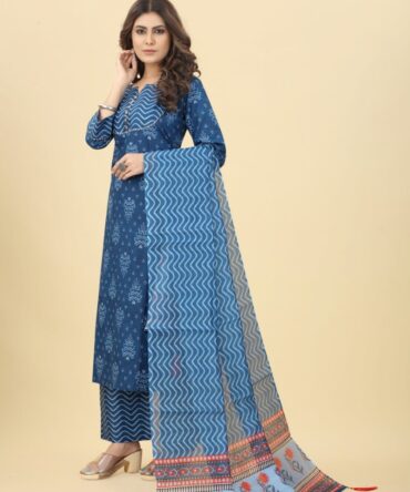 Navy Blue Cotton Printed Kurta Set by Premroop