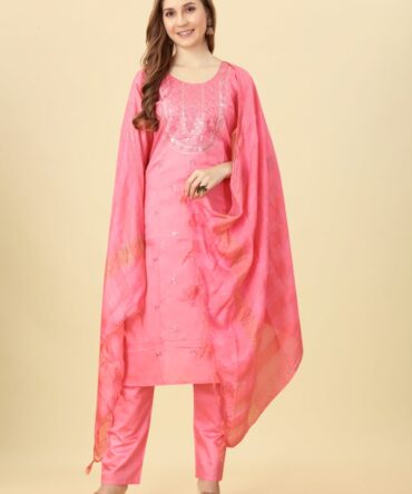 Carrot Pink Chanderi Embroidered Suit by Premroop