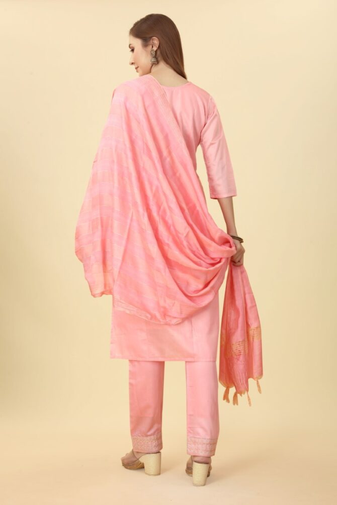 Peach Pink Festive Embroidered Chanderi Kurta Pant Set with Dupatta by Premroop