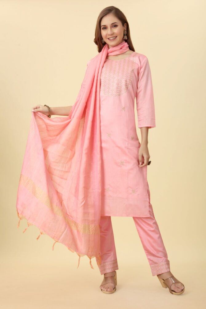 Peach Pink Festive Embroidered Chanderi Kurta Pant Set with Dupatta by Premroop