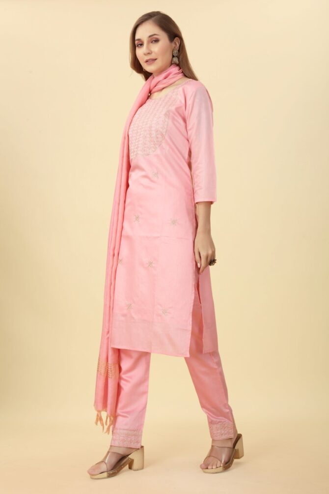 Peach Pink Festive Embroidered Chanderi Kurta Pant Set with Dupatta by Premroop